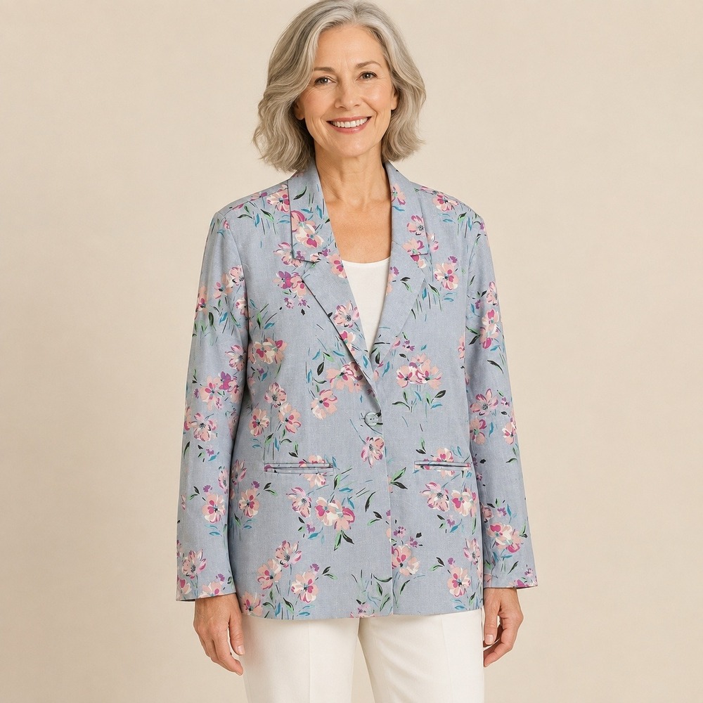 Vintage Tudor Court Haband Women M Blue Floral Linen Blend Blazer NOS Flaw